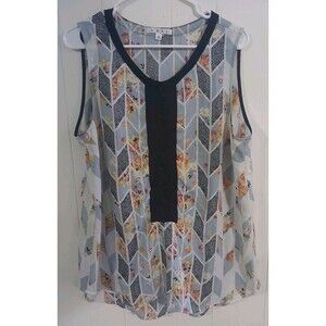 Cabi Large Spring Grosgrain Ribbon Floral Geo Print Blouse Romantic Cottage